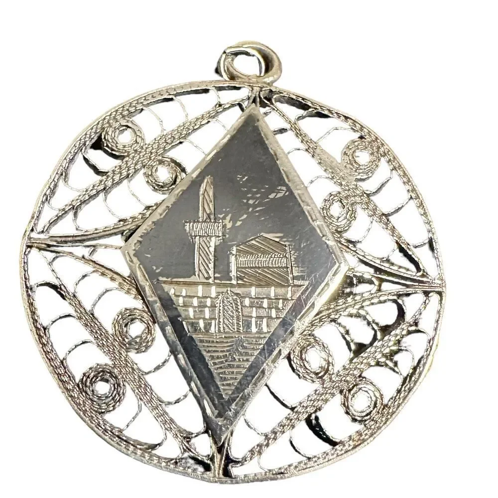 Unisex WWII Vintage Silver Filigree black Niello Pendant.